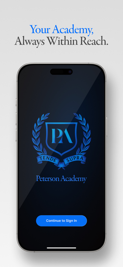 Peterson Academy mobile app sign in screen showing the PA crest logo and motto