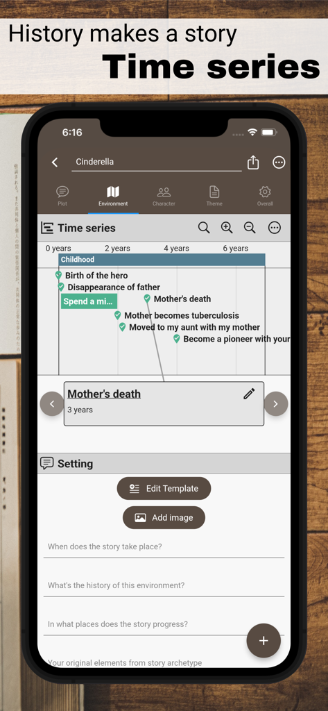 Story Plotter mobile app displaying a chronological timeline of story events in the world setting interface