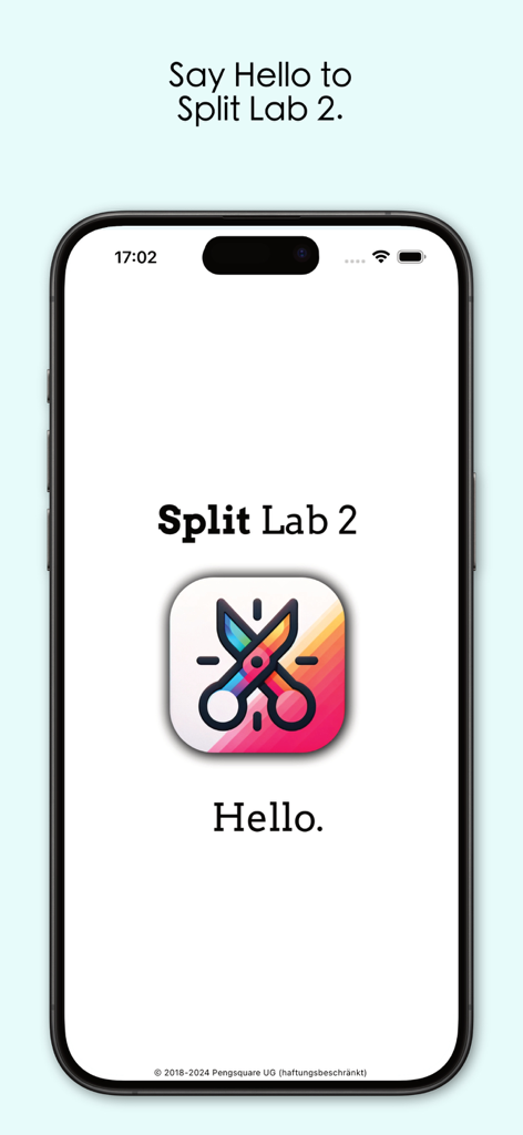 Split Lab - Tela de boas-vindas do aplicativo Split Lab 2 apresentando um ícone colorido de tesoura em um smartphone.