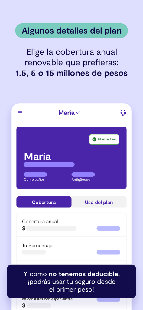 Sofía - Tela do celular exibindo opções de cobertura médica anual e um anúncio de franquia zero no aplicativo Sofia