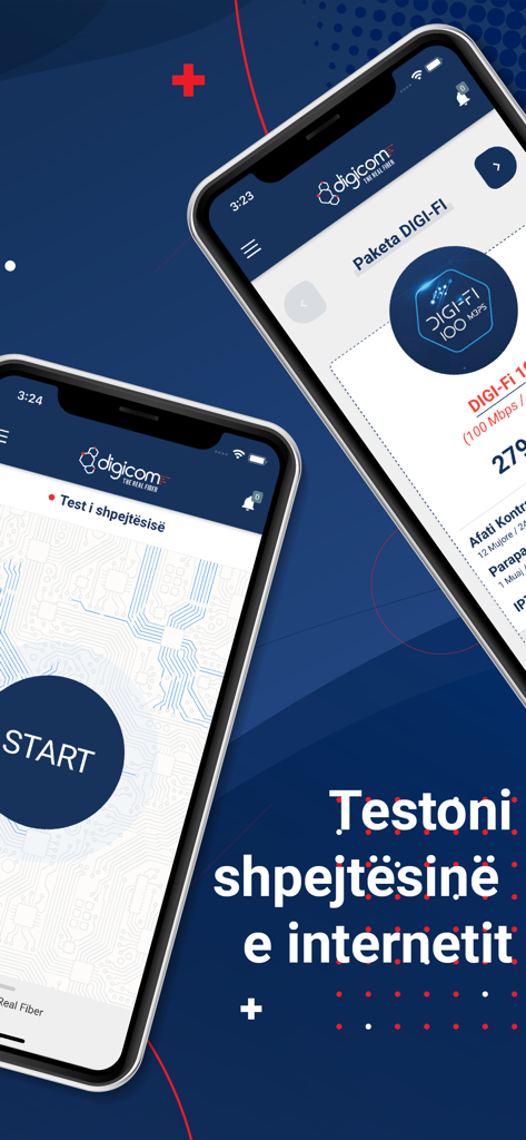 Digicom UP - Interfaz de la aplicación móvil Digicom UP que muestra la herramienta de prueba de velocidad de Internet y los detalles del plan de banda ancha.