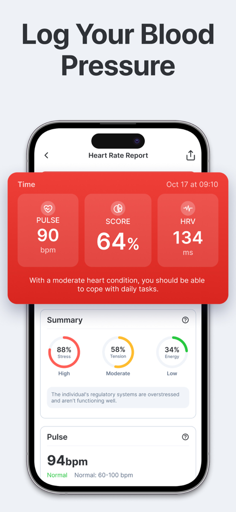Heart Rate Monitor - Pulse HRV - Mobile app interface showing heart rate report with pulse hrv and stress indicators