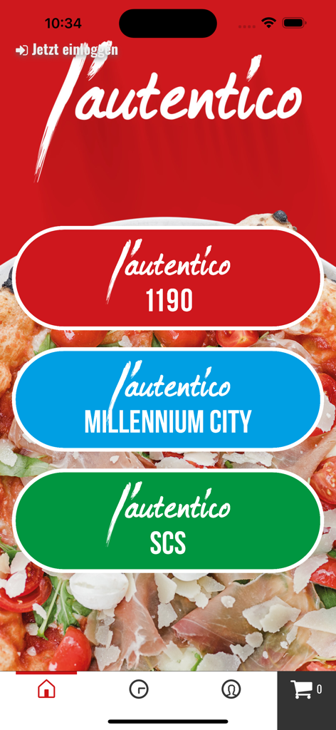 Mobile screen for the l'autentico app showing buttons to select different restaurant branches over a background of a pizza