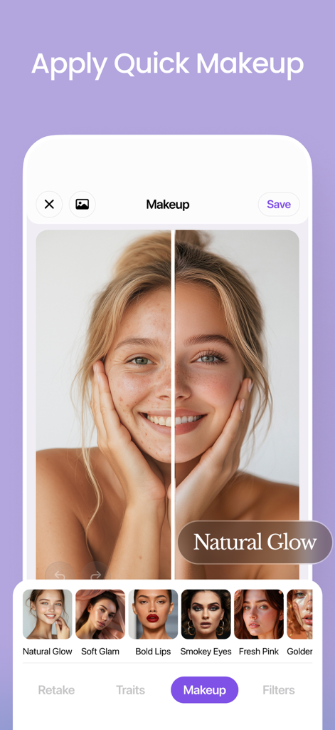A before and after comparison of a woman's face using a natural glow makeup filter in the AI photo editing app