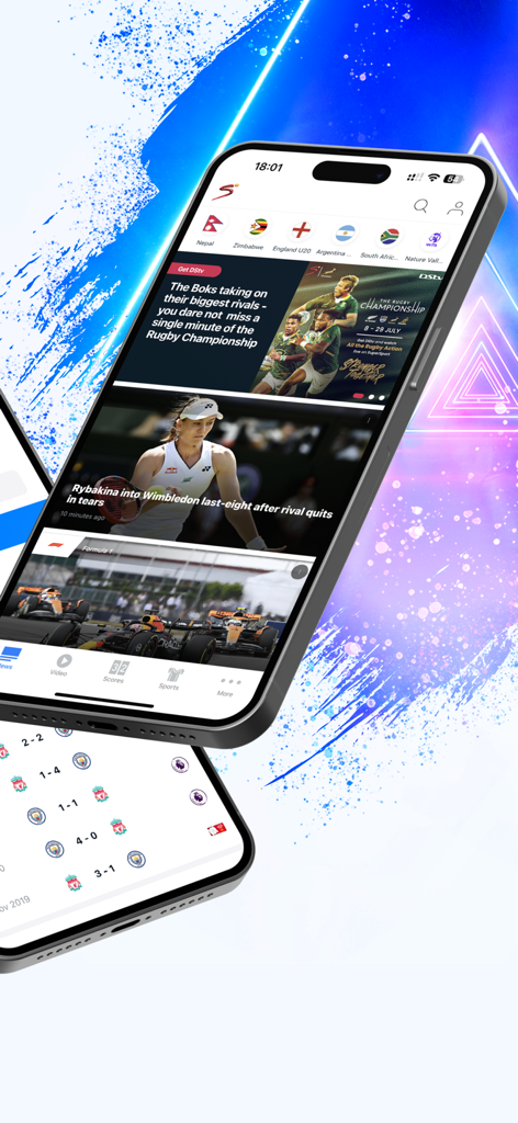 SuperSport - The SuperSport mobile app interface showing various international sports news and live match scores.