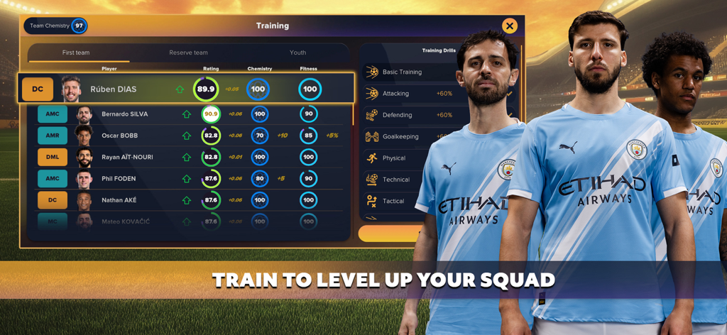 Training interface in Soccer Manager 2026 showing player statistics and tactical drills
