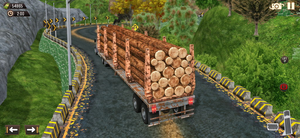 Cargo Transport Driving Truck - A logging truck carrying a full load of timber on a winding mountain road in a 3D driving simulator game.
