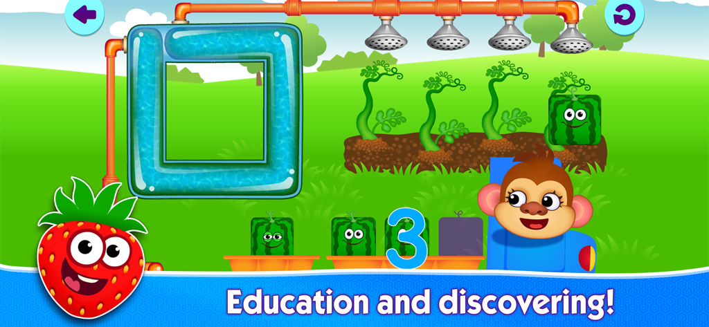 Funny Food 2の未就学児向け知育ゲームのインターフェース。四角いスイカとサルが数えるアクティビティに登場します。