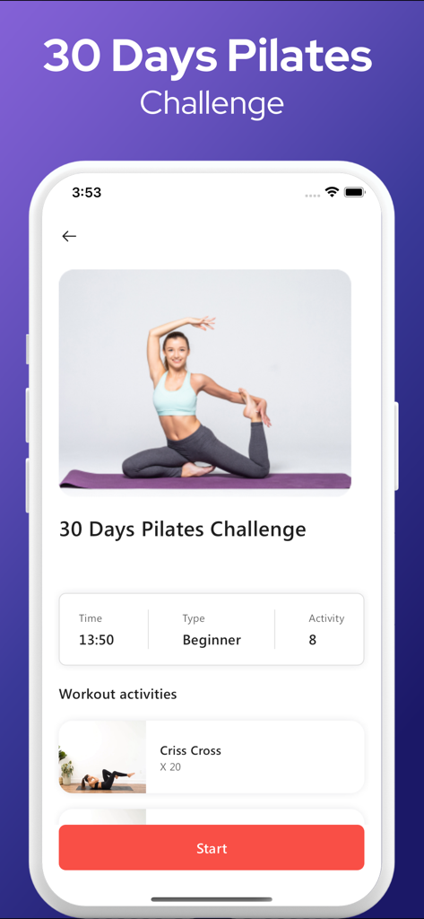 Pilates Workout at Home - Interface showing a beginner 30-day Pilates challenge with workout duration and activities