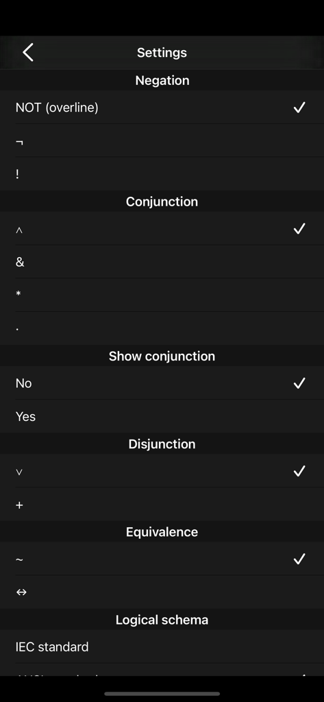 eXpimal - Logic calculator - Settings menu in the eXpimal app for choosing logical operator symbols and circuit standards
