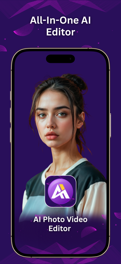 AI Photo Video Editor - Interfaz de la aplicación AI Photo Video Editor en un iPhone mostrando un retrato de una mujer.