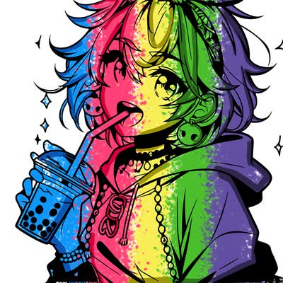 hot baddie anime girl drinking boba and biting the straw