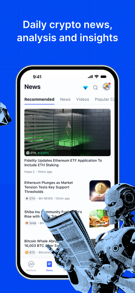 CoinMarketCap: Crypto Tracker - CoinMarketCap app interface showing daily crypto news and market analysis articles