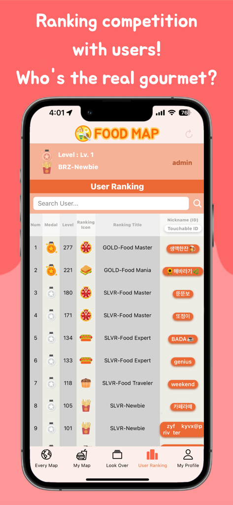 FOOD MAP - Foodie, Gourmet - Food Map app user ranking leaderboard screen showing gourmet titles and levels
