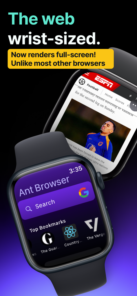 Ant Browser: Web on your Watch - Ant Browser showing a full-screen news article and a search menu with bookmarks on an Apple Watch.