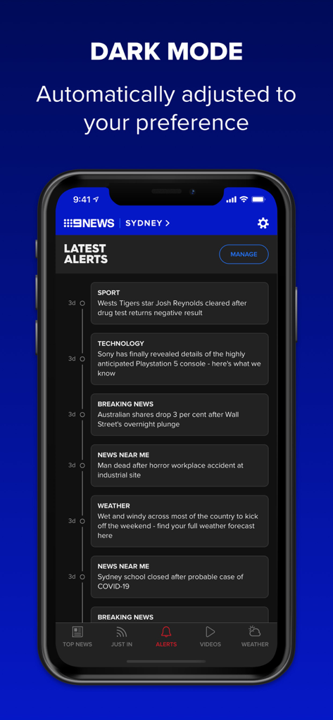 9NEWS app screenshot showing dark mode interface with a list of latest news alerts for Sydney.
