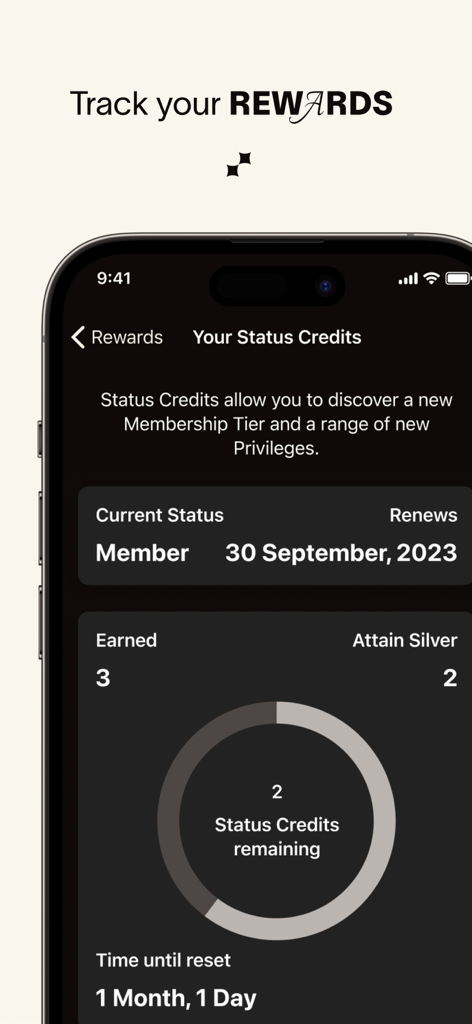 Crown Resorts - Crown Resorts app screen displaying loyalty member status credits and progress toward the next reward tier