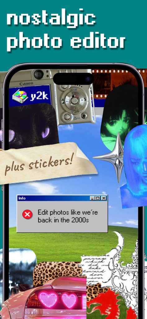 y2k: 2000s photo editor - iPhone screen showing a y2k aesthetic collage with vintage digital camera effects and retro stickers