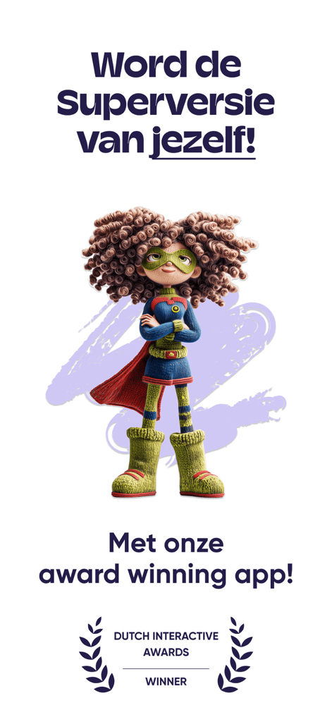 Superbrains - Superbrains app screenshot featuring a 3D superhero character and Dutch Interactive Awards winner badge