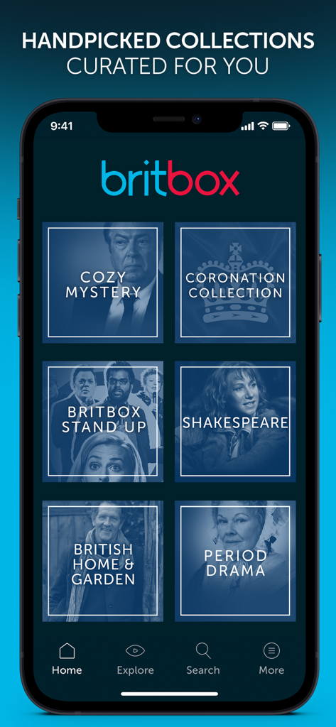 BritBox: The Best British TV - BritBox 모바일 앱 화면에 Cozy Mystery 및 Period Drama와 같은 큐레이션된 콘텐츠 카테고리가 표시됨.