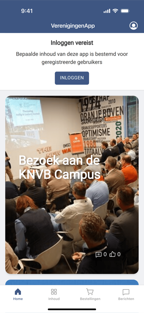 VBN-App - Screenshot of the VBN-App home screen showing a login prompt and a news card about an event at the KNVB Campus.