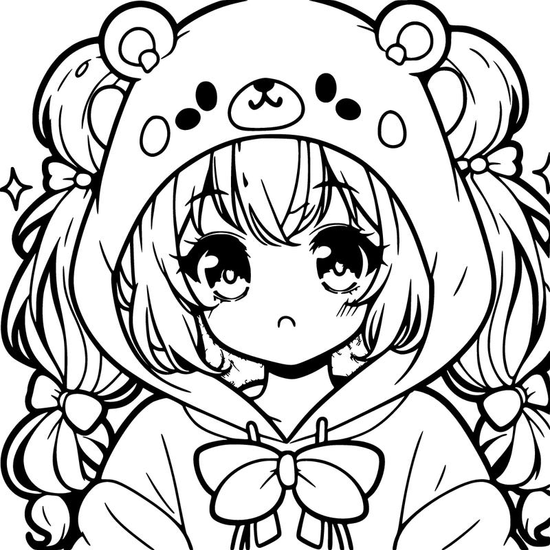 cute anime girl with ponytails in a cute bear hoodie