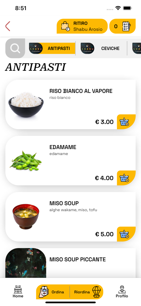 Shabu - il sushitalian - Mobile app menu for Shabu sushitalian showing appetizers including steamed rice edamame and miso soup
