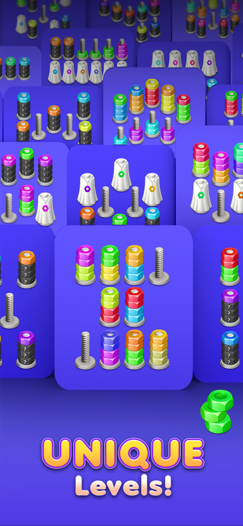 Nut Sort 3D: Color Match - Niveles vibrantes del juego de rompecabezas Nut Sort 3D con tuercas y tornillos coloridos.