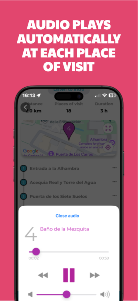 Alhambra Audioguide & Tours - Interfaccia dell'app Alhambra Audioguide che mostra un lettore audio automatico attivato dalla posizione GPS per il Bagno della Moschea