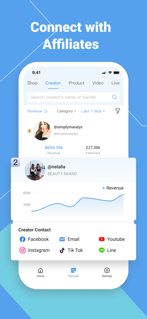 Uno schermo mobile che mostra le metriche di performance dei creator di TikTok, inclusi ricavi e crescita dei follower, con opzioni di contatto per affiliati.