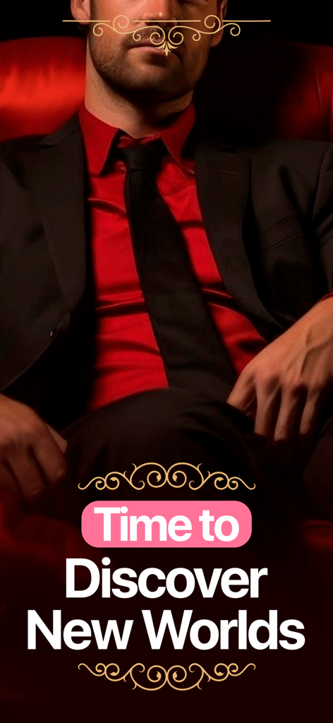 Interactive Stories - TellMe - Un hombre con traje y camisa roja sentado en una silla con el texto Es hora de descubrir nuevos mundos.