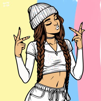 realistic teenage girl with braids and a beanie and crop top doing 🫶🏼