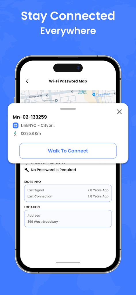 Wifi Password Map: Nearby Wifi - Una interfaz de aplicación móvil que muestra un mapa con hotspots WiFi públicos cercanos y detalles de conexión