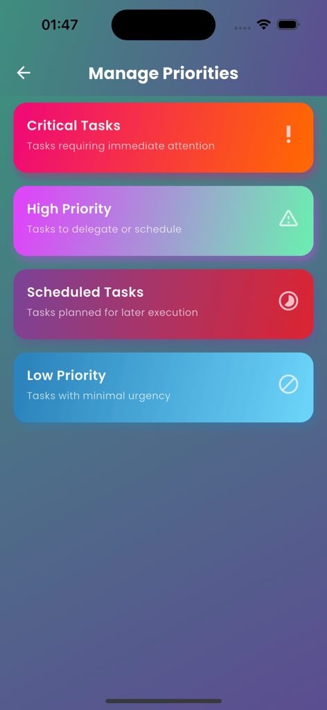 Focus Mate app interface for managing task priorities with color-coded categories for critical, high, scheduled, and low urgency.