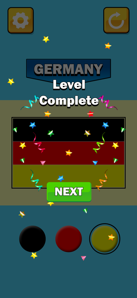 Flags Painting: Paint the Flag - ドイツの国旗のお絵かきレベル完了画面、お祝いの紙吹雪と次のボタンが表示されている