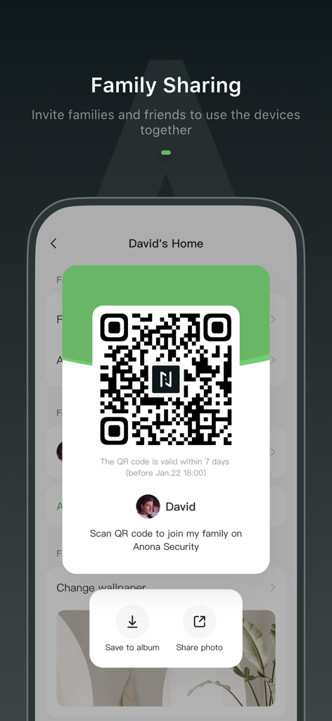 Anona Security - Anona Security app screen showing a QR code for family sharing invitation