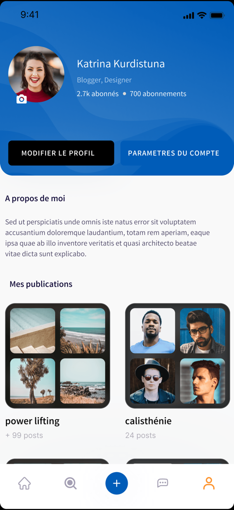 Auneアプリのプロフェッショナルユーザープロフィールインターフェース、経歴、動画コンテンツのカテゴリーが表示されています