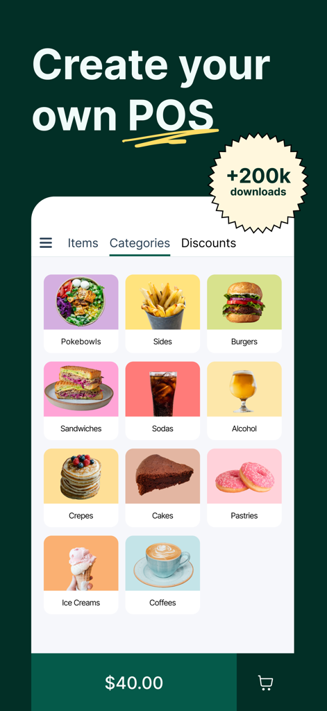 Tunder · Point of sale · POS - 소규모 비즈니스를 위한 음식 및 음료 카테고리를 표시하는 Tunder POS 앱의 모바일 화면