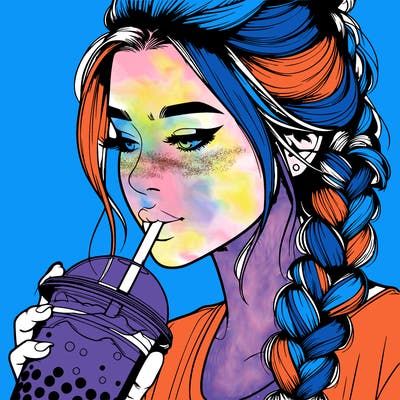realistic girl drinking boba tea with braided hair