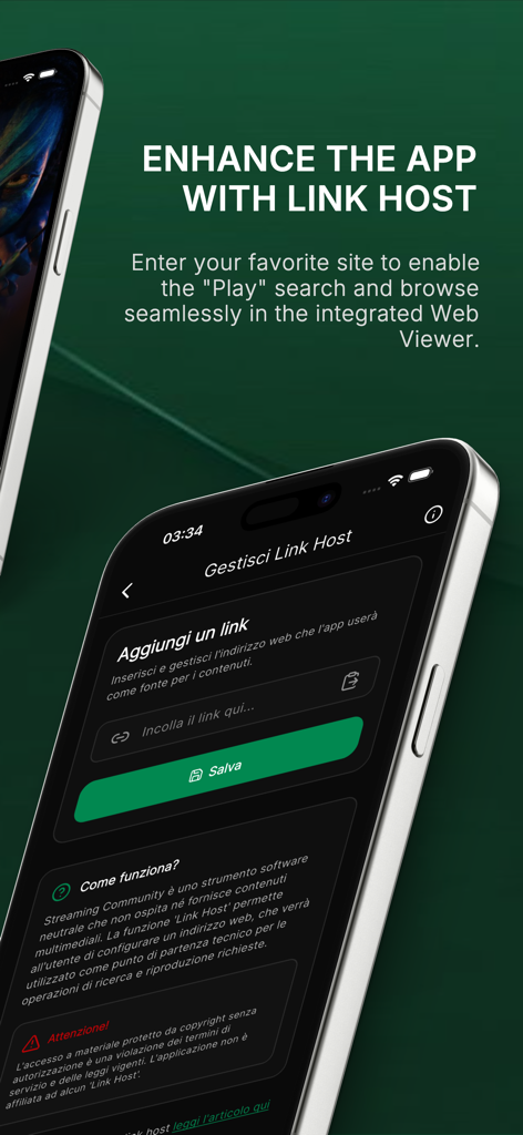 Écran de configuration pour ajouter un Hôte de liens personnalisé dans l'interface de l'application Streaming Community