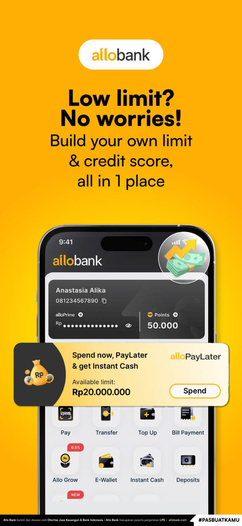 Pantalla de la aplicación Allo Bank mostrando la función PayLater y opciones de construcción de límite de crédito