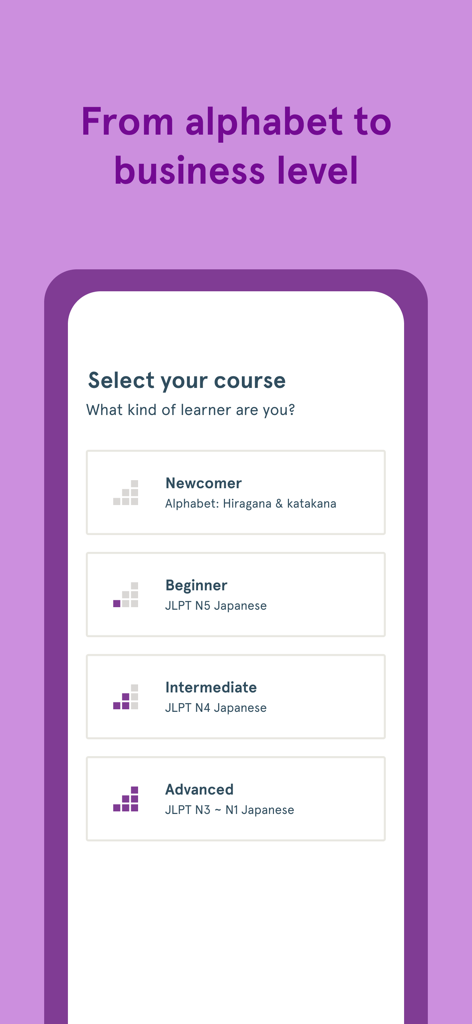 Course selection screen in Bunpo showing learning levels from newcomer to advanced JLPT levels.