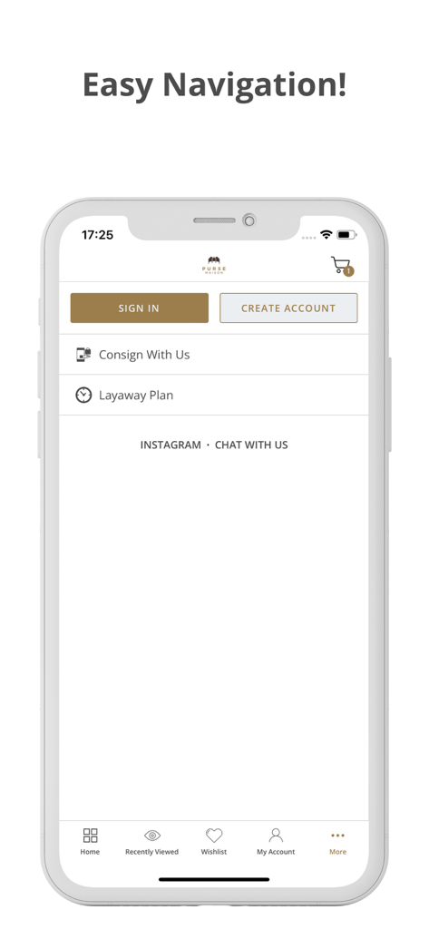Purse Maison - Purse Maison app navigation menu with sign in and account options