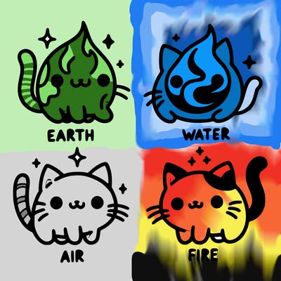 4 cats that represent the different elements, earth, water, air, and fire