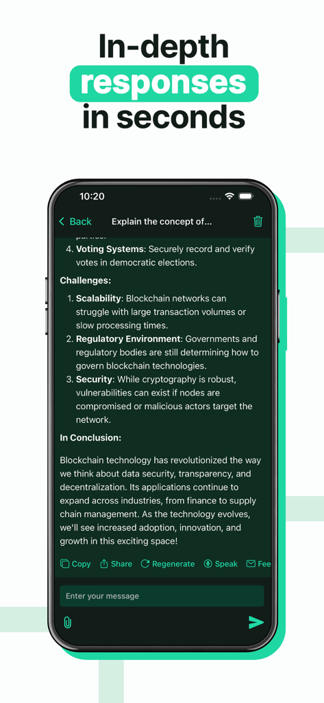AI ChatBot Assistant 5 0 - AI ChatBot Assistant Wisp displaying a detailed response about blockchain technology on a mobile interface.