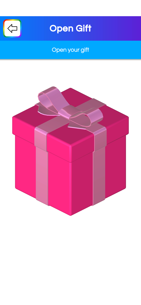 Virtual Slime - Una caja de regalo 3D rosa con una cinta en la pantalla Abrir Regalo de la aplicación Slime Virtual.