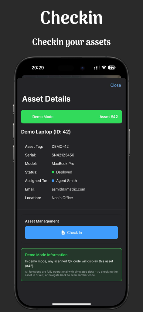 Snipe-Scan - Snipe-Scan mobile app showing asset details for a laptop with a check in button