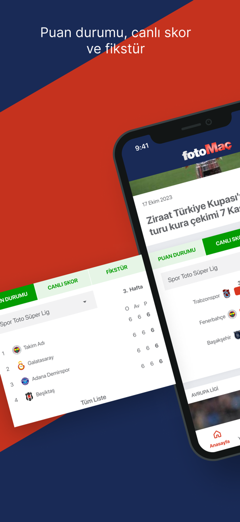 FOTOMAÇ–spor haberleri - Mobile app interface displaying Turkish football league standings and live scores