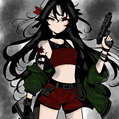 bad girl wearing crop top holding a gun long hair anime