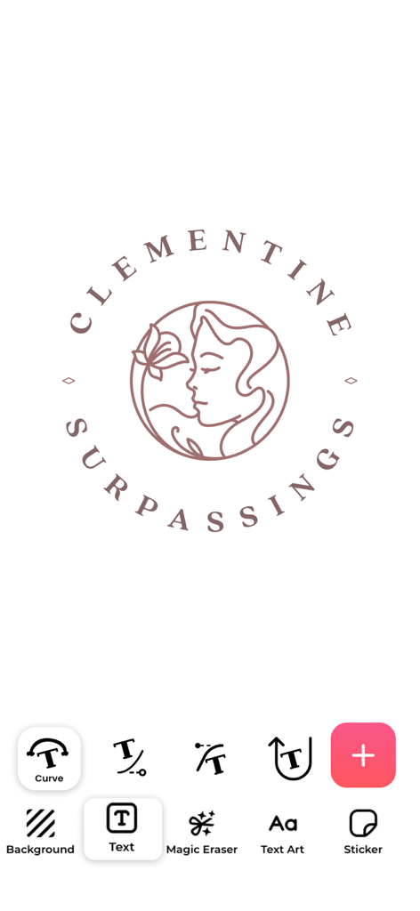 Graphic Design & Logo Creator. - Clementine Surpassingsのプロフェッショナルなロゴデザインインターフェース、女性の顔の線画とテキスト編集ツール付き